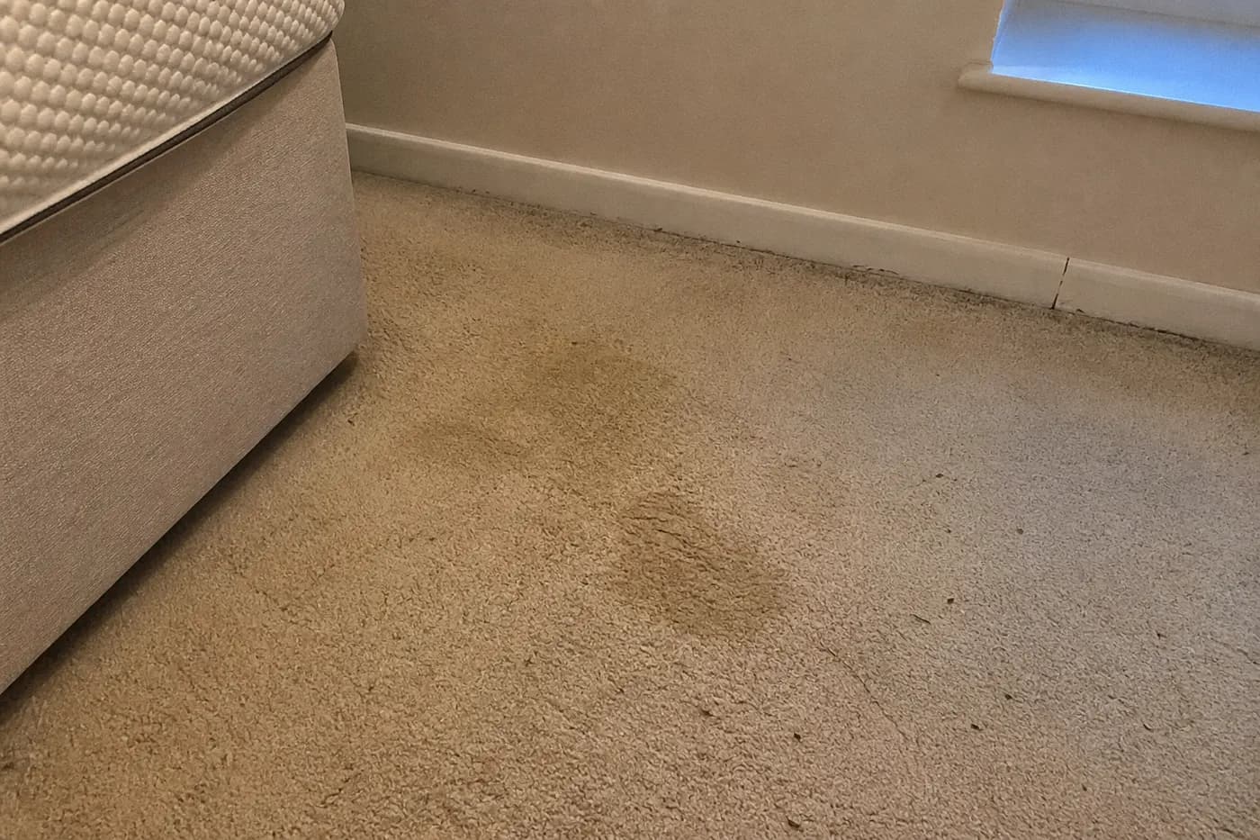 Stained bedroom carpet before cleaning