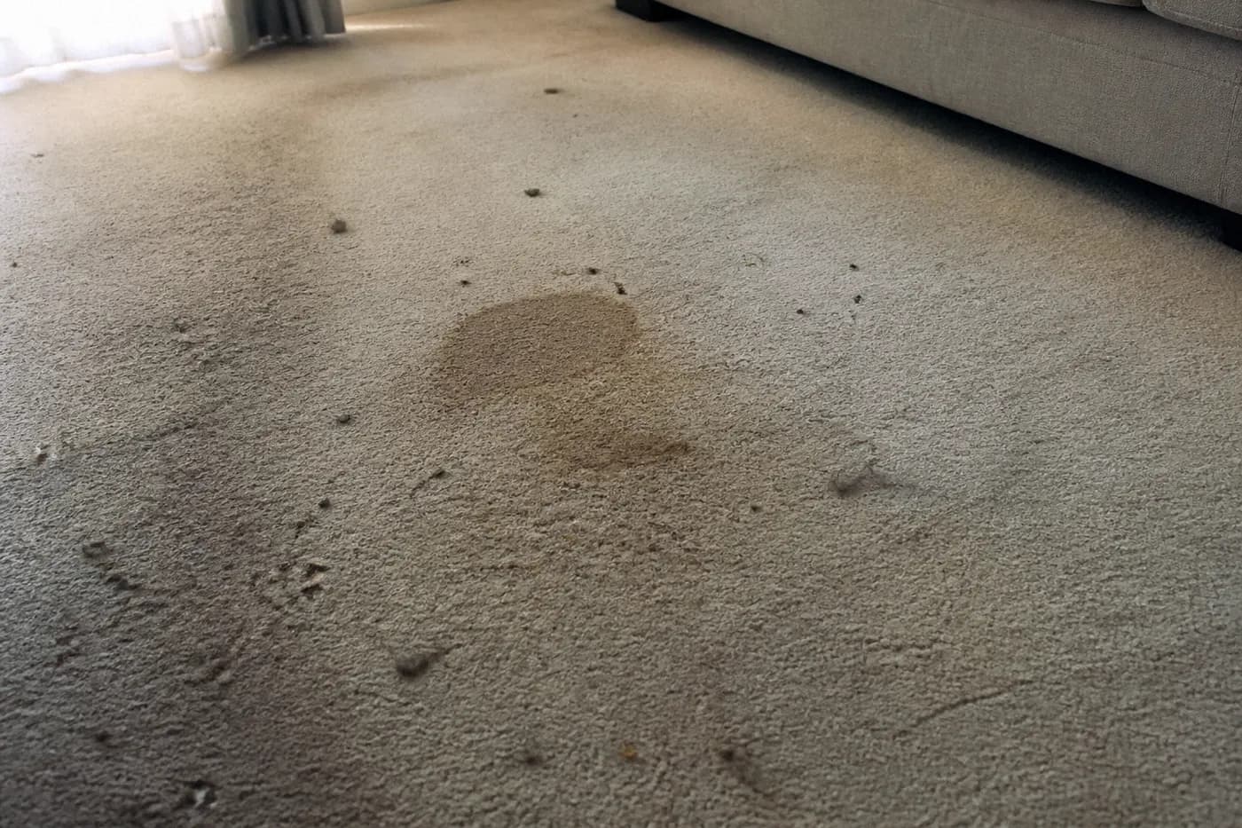 Stained living room carpet before professional cleaning