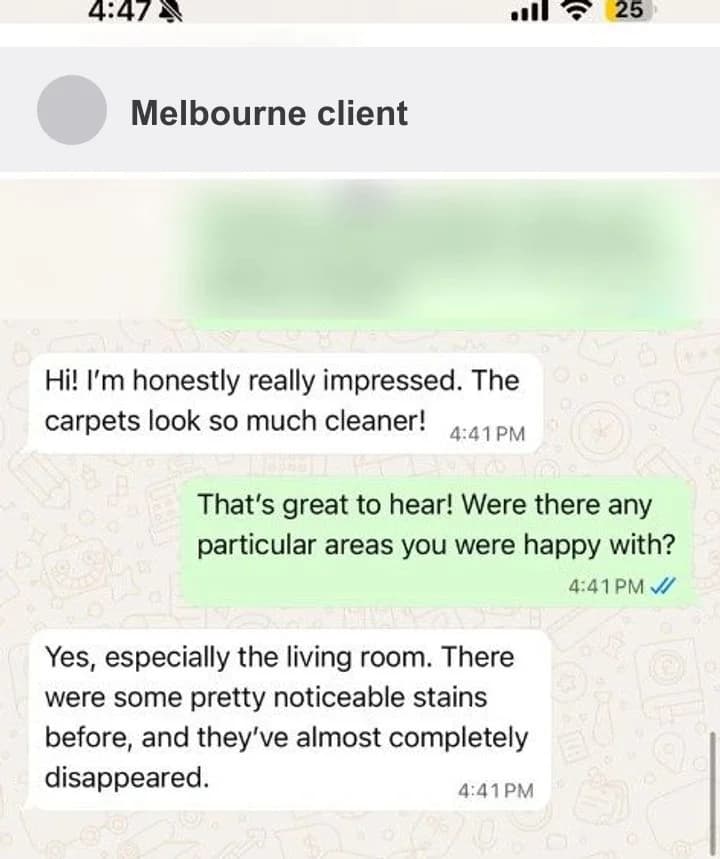 Client WhatsApp review — carpet stains nearly gone after professional clean