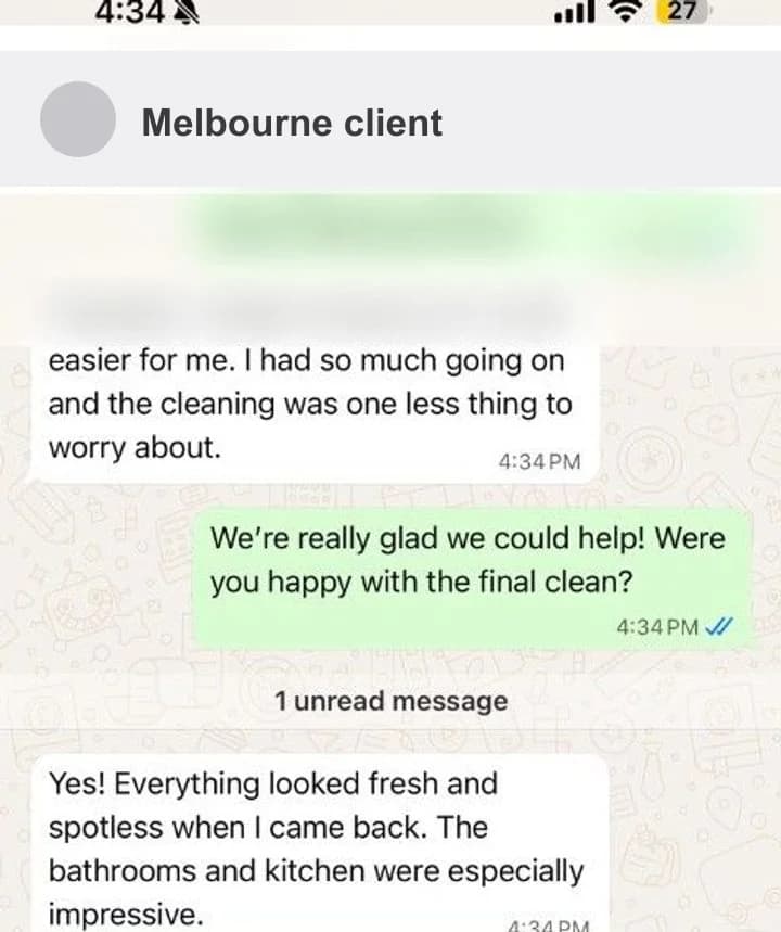 Client WhatsApp review after end of lease cleaning — fresh bathrooms and kitchen