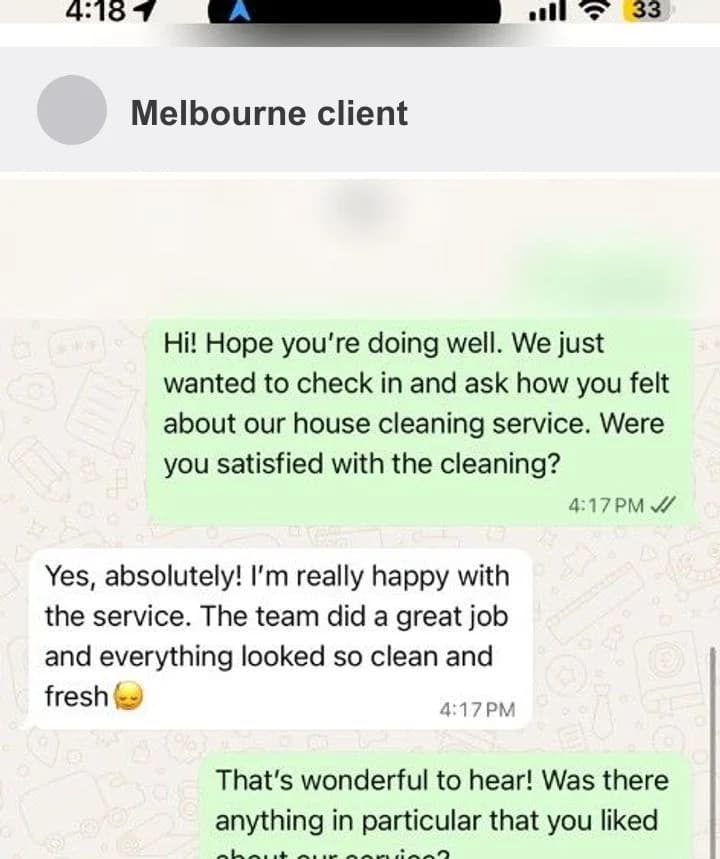Client WhatsApp review after house cleaning — happy with a thorough, fresh clean