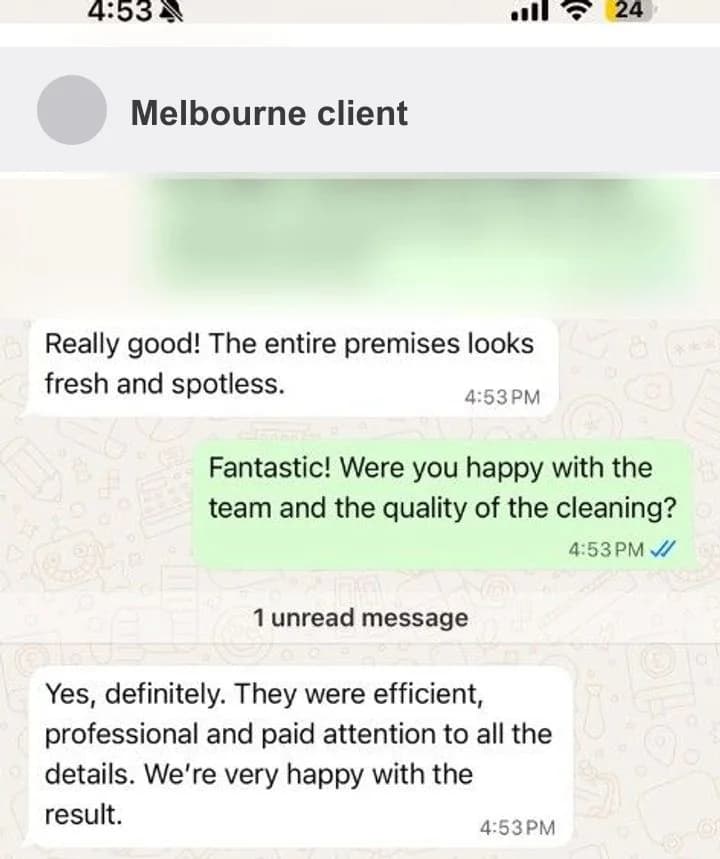 Client WhatsApp review after commercial clean — premises fresh and spotless